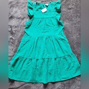 *NWT* J.CREW Mini Gauze Dress Green/ Teal  Shift Ruffle 100% Cotton Size 2